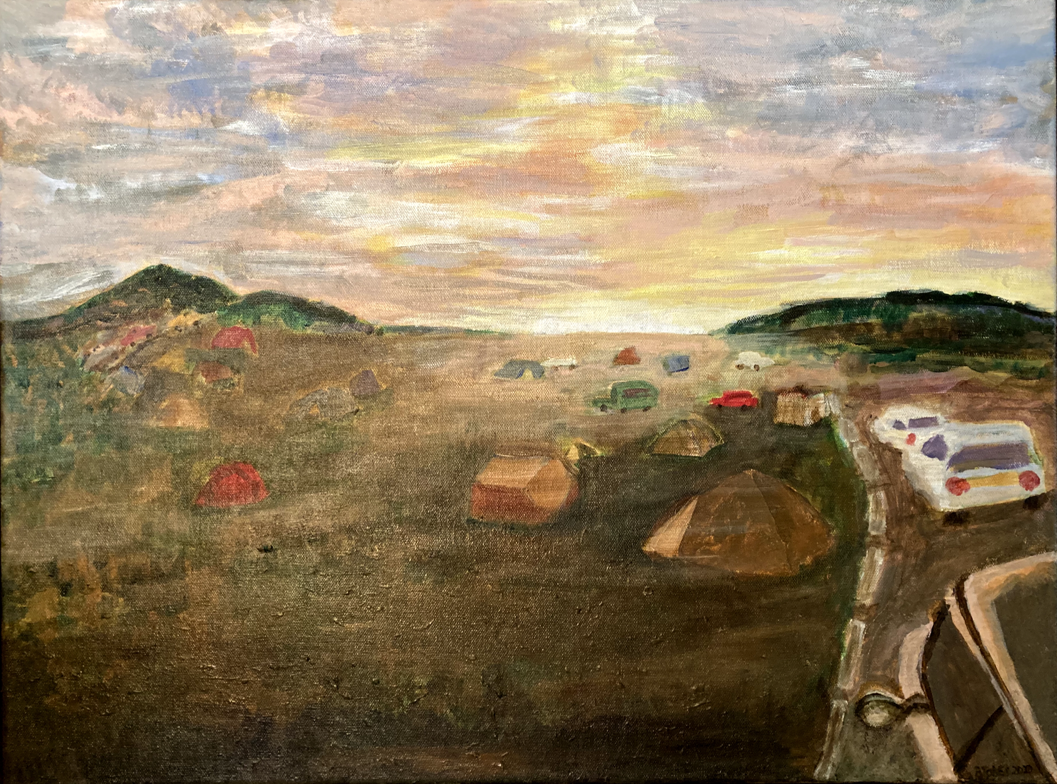 An acrylic painting of a campground on the plains of South Dakota beneath a lively sunrise.