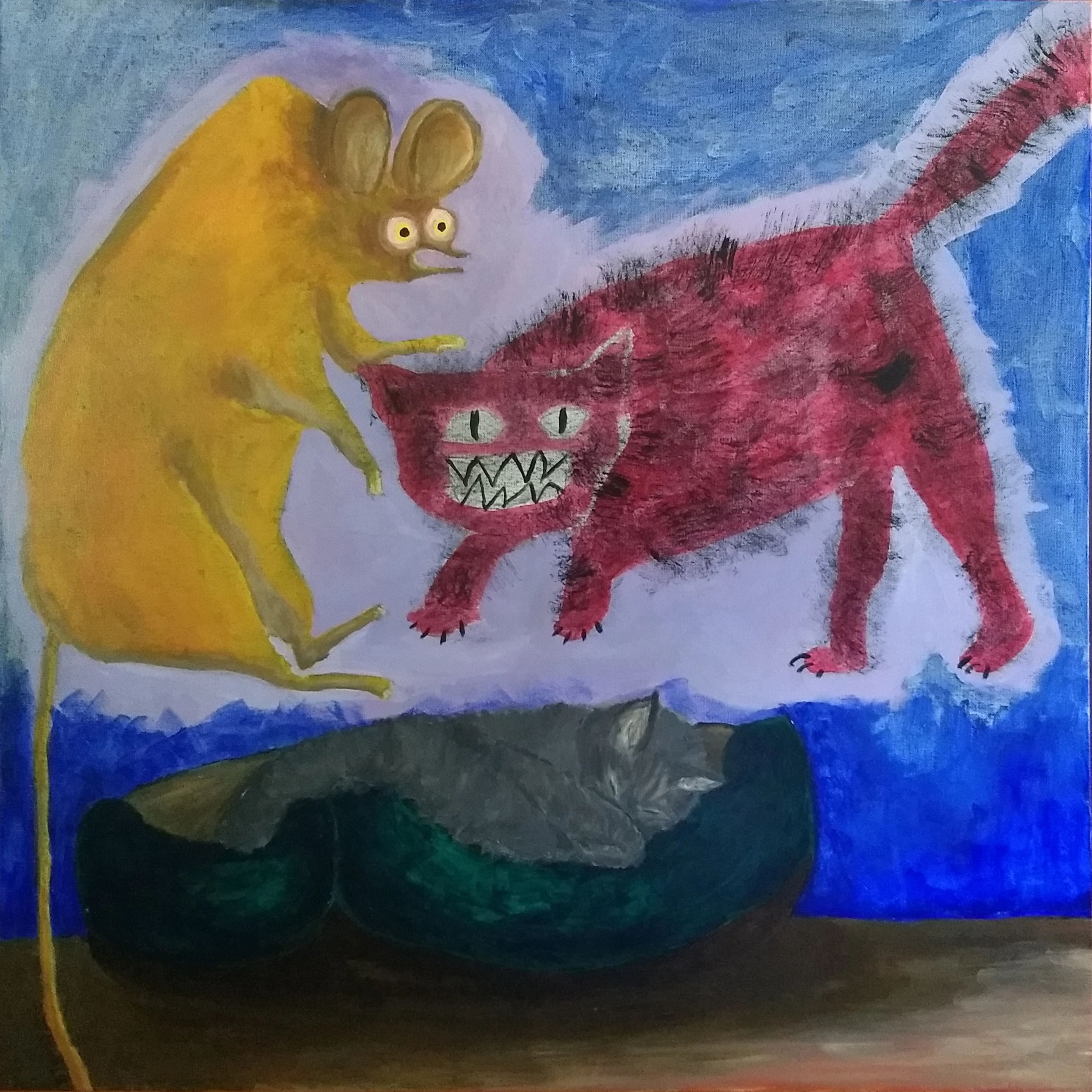 An acrylic painting of a cat shown dreaming of a mouse.